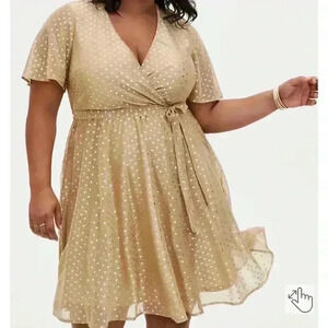 Torrid GOLD METALLIC POLKA DOT MESH WRAP DRESS Sz 0